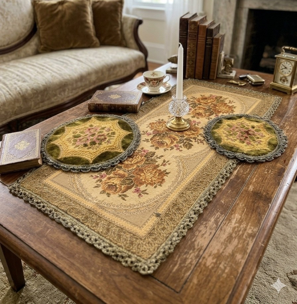 Vintage Floral Tapestry Brocade Table Mat Runner Set Metallic Gold 3 Pc